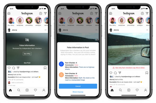 Em 2019, Instagram começou a notificar usuários sobre conteúdos falsos.